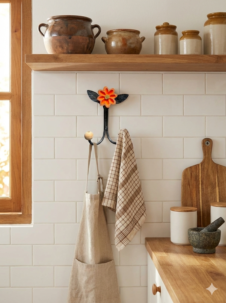 Cabide Ferro com Flor de Madeira Laranja