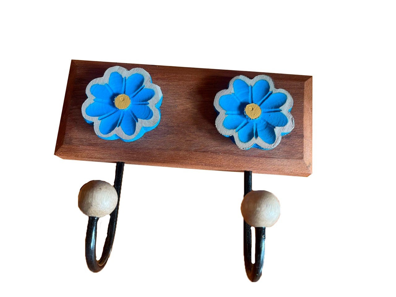 Cabide de Madeira com 2 Ganchos Flor Azul