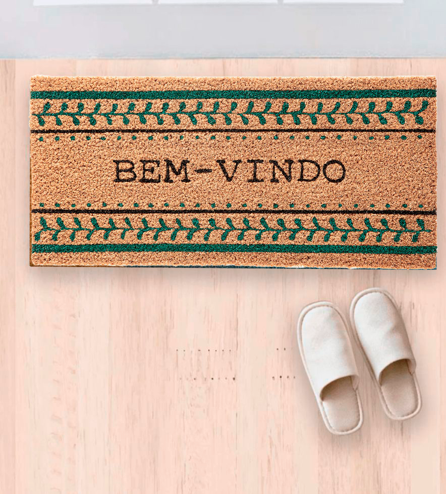 Tapete Bem Vindo Fibra de Coco Antiderrapante Bem Vindo Moldura Verde