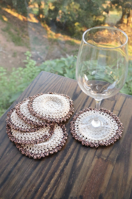 Kit 6 Porta Copos / Descanso Para Copos Crochê Cru com Beirada Marrom Mescla