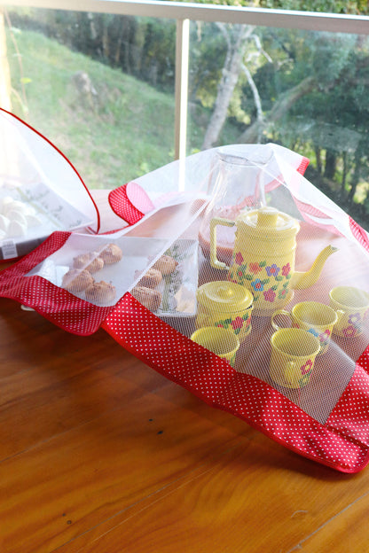 Kit Tule Cobre Alimentos 72x72cm + Cobre Bolo 30x30cm Poá Vermelho