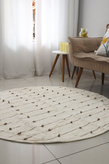 Tapete Algodão Puxadinho Redondo Pompom Nude 1,5m