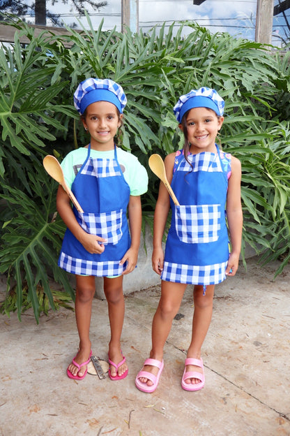 Avental Infantil com Touca Azul Xadrez