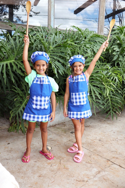 Avental Infantil com Touca Azul Xadrez