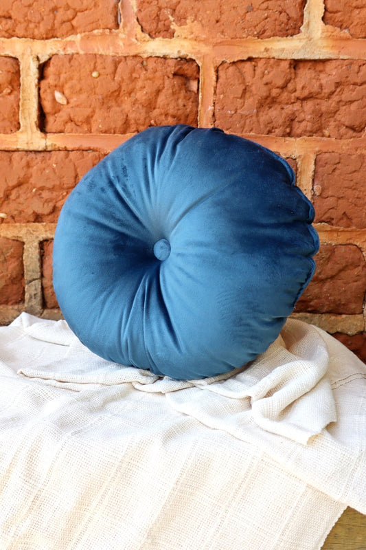 Almofada Redonda Decorativa Com Botão Suede Azul