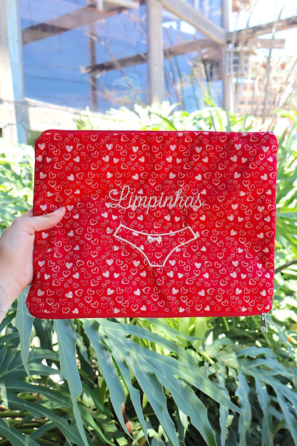 Necessaire Porta Calcinha Limpinha Sujinha G Corações Vermelha