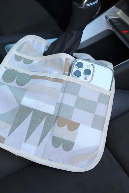 Lixeira para Carro de Tecido com Bolsos Geométrico Verde e Marrom