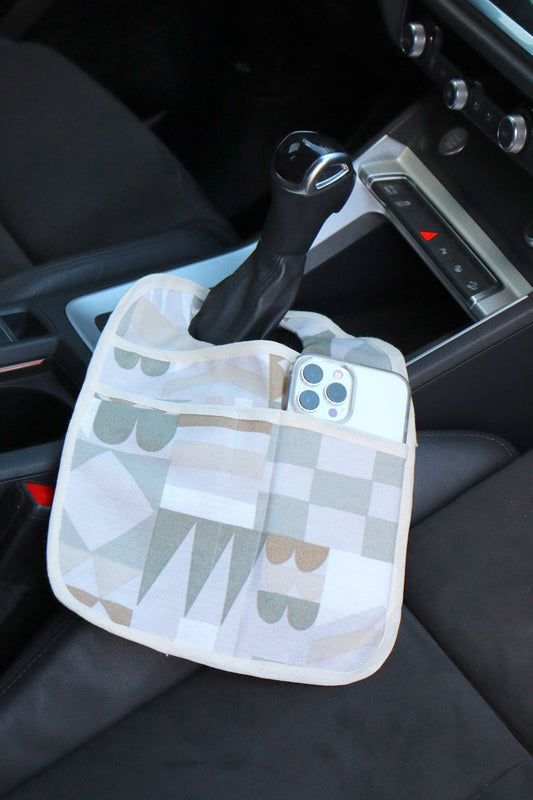 Lixeira para Carro de Tecido com Bolsos Geométrico Verde e Marrom