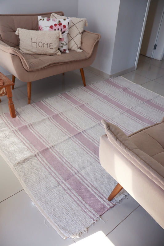 Tapete Algodão Bordado Listrado Chic Rosê/Rosa Seco 1,50x2,00m