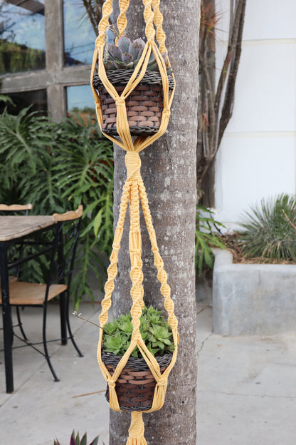 Suporte de Planta em Macramê Malha Duplo Amarelo