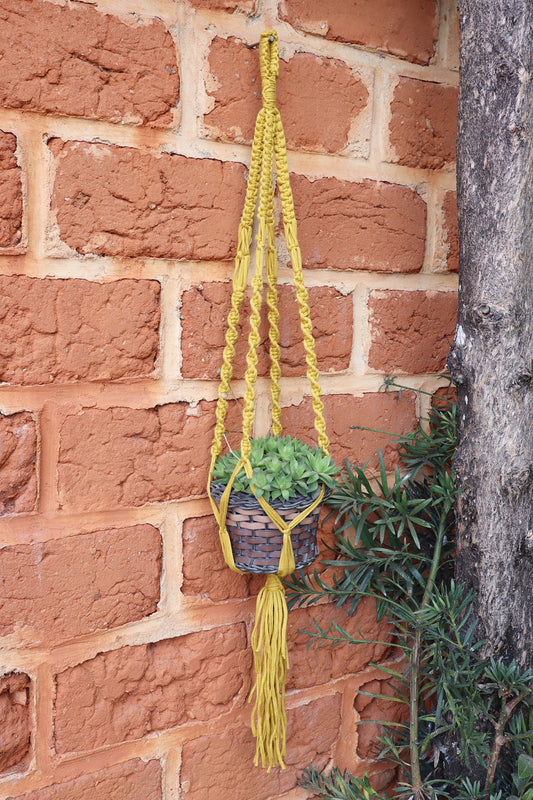 Suporte de Planta em Macramê Malha Um Vaso Mostarda