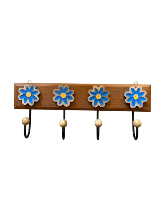 Cabide de Madeira com 4 Ganchos Flor Azul