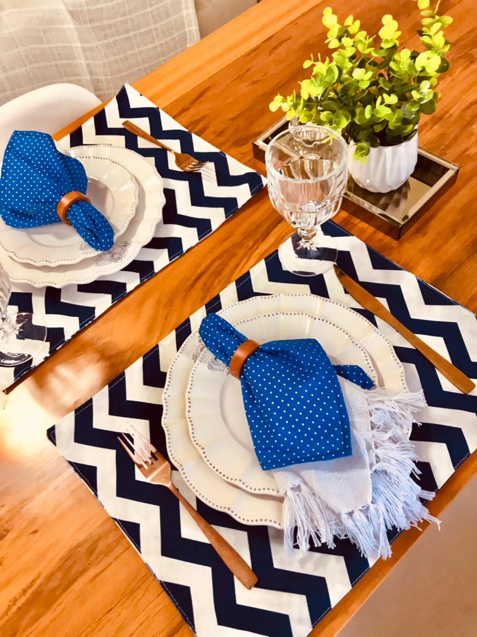Lugar Americano Dupla Face Impermeável Floral Azul/ Chevron Azul