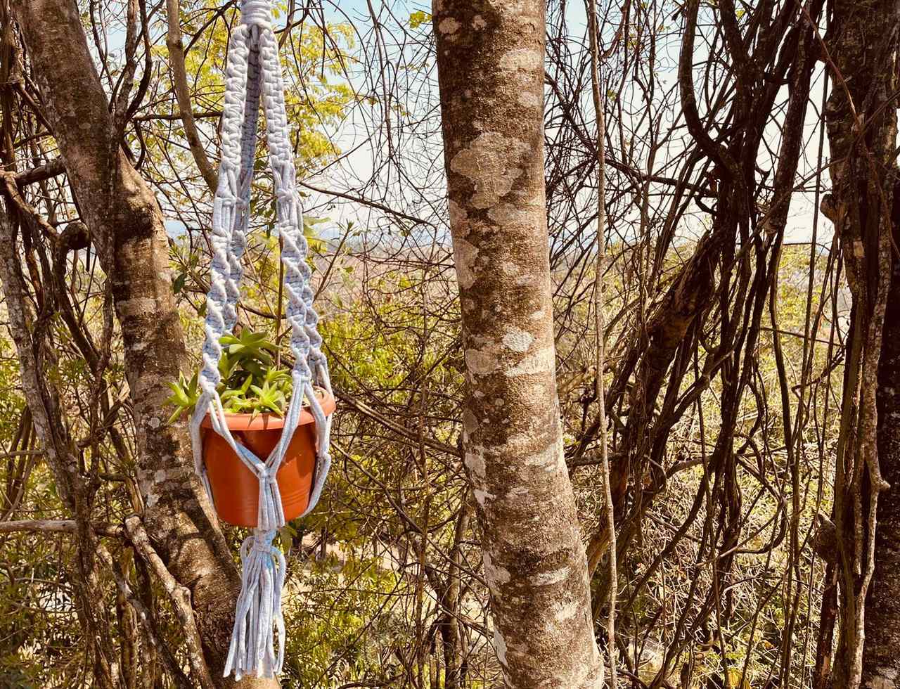Suporte de Planta em Macramê Malha Um Vaso Cinza